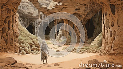 Detailed Illustration Of Man Standing Near Large Caves In Namibia Cartoon Illustration