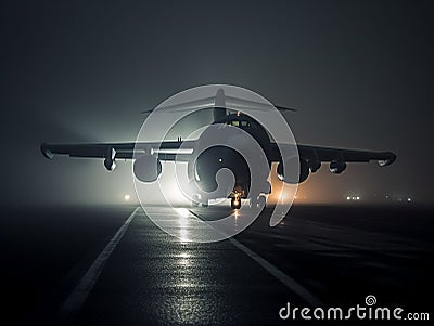 Military Cargo Plane on a Foggy Runway Stock Photo
