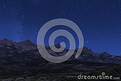 The photo captures the night sky over a majestic mountain range, showcasing the stars in the clear, dark sky, Contours of a Stock Photo