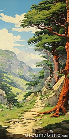 Mountain And Forest Painting In Art Nouveau Style Stock Photo