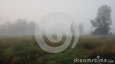 Mystical Meadow: Fens in Dense Fog Stock Photo