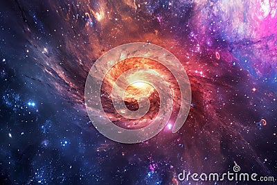This photo captures a spiral galaxy with numerous stars illuminating the background, A vibrant nebula in the shape of a spiral Stock Photo