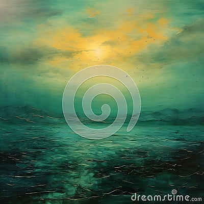 Teal Pre-raphaelite Seascape Abstract Oil Painting Stock Photo