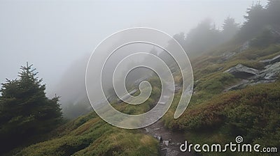 Lost in the mist: A winding mountain trail Stock Photo