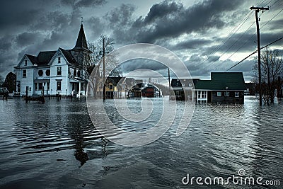 A photo capturing the aftermath of a severe flood, with houses standing in a flooded street, A flood taking over a small rural Stock Photo