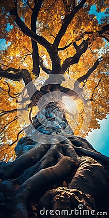 Autumn Tree: A Captivating Display Of Dark Gold And Sky-blue Stock Photo