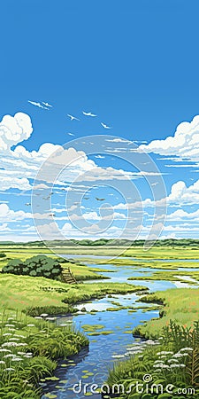 Serene Wild Grassland: A Beautiful 2d Illustration Of Bude, Cornwall Stock Photo