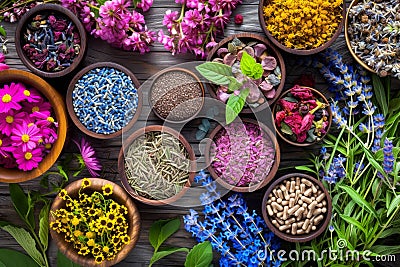 A photo capturing a variety of flowers arranged in different bowls, Vibrant medicinal plants used in holistic medicine, AI Stock Photo