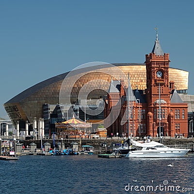 Cardiff Bay skyline, taken from the water, showing the Millennium Centre, Pierhead Building and other buildings on the harbour Editorial Stock Photo