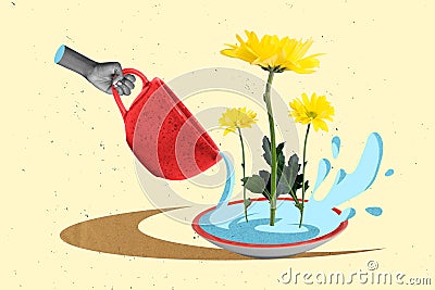 Photo cartoon comics sketch collage picture of arm watering growing gerbera flowers isolated drawing background Stock Photo