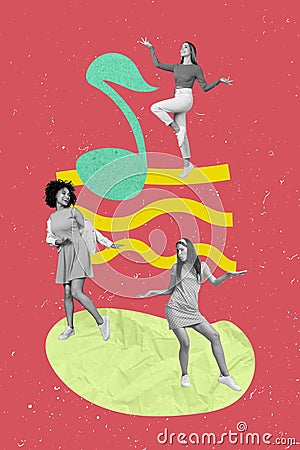 Photo cartoon comics sketch collage picture of funny funky ladies dancing having fun together isolated drawing Stock Photo