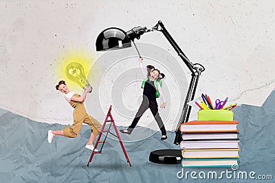 Photo cartoon comics sketch picture of funky smiling small kids children putting place light lamp isolated drawing Stock Photo