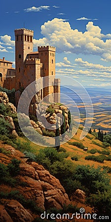 Realist Landscape: Captivating Red Castle Painting On Large Canvas Stock Photo