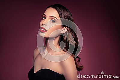 Photo of caucasian lady brunette haired with makeup look wear black stylish gown isolated brown color background Stock Photo