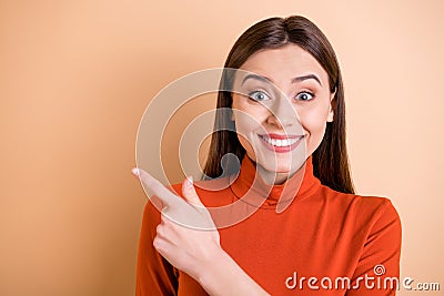 Photo of charming attractive beautiful fascinating secretary pointing at something away while being surprised wearing Stock Photo