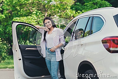 Photo of charming girl enjoy travel car summer weekend ride drive outside city center in green forest camp picnic stand Stock Photo