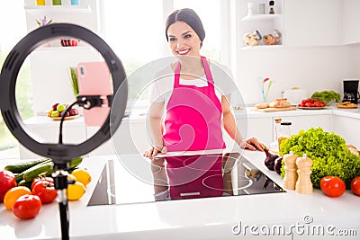 Photo of charming mature happy woman record video recipe meal broadcast indoors inside home kitchen Stock Photo