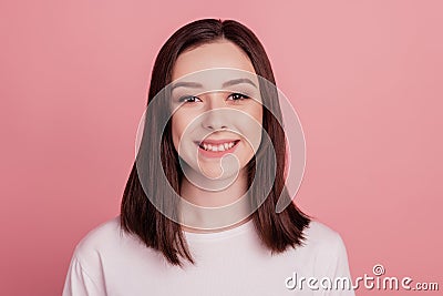 Photo of charming positive dream lady look camera toothy beaming smile isolated pink color background Stock Photo