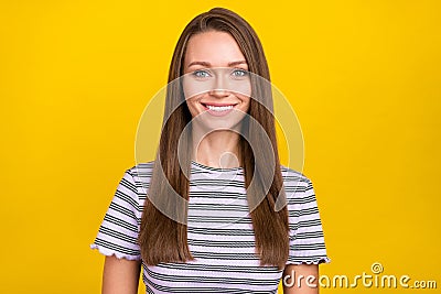 Photo of charming young positive woman smile good mood enjoy weekend isolated on shine yellow color background Stock Photo