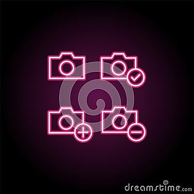 Photo, check, plus, minus sign neon icon. Simple thin line, outline vector of web icons for ui and ux, website or mobile Stock Photo