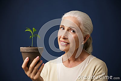 Photo of cheerful aged woman holding young plant in the spot, lo Stock Photo