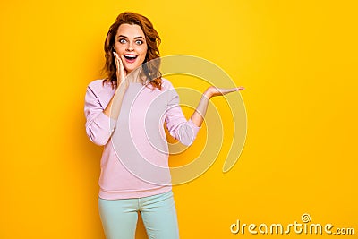 Photo of cheerful wavy lady raise novelty product on open palm crazy breaking news black friday prices wear casual pink Stock Photo