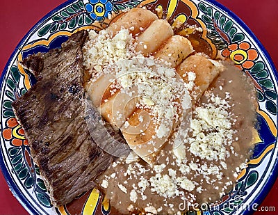 Cheese Enchiladas with Beans and Cecina Stock Photo