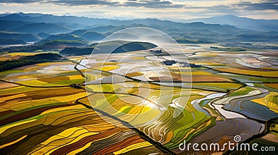 Vibrant Aerial View Of Colorful Rice Field: Max Rive Inspired Landscape Stock Photo