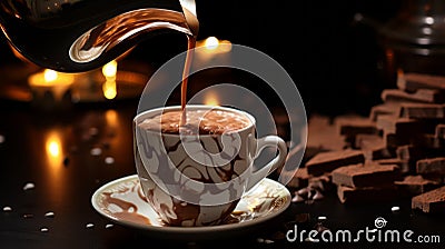 Intense And Dramatic Chocolate Pouring Into Hot Cup With Candles Stock Photo
