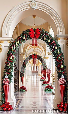 Photo Of Christmas Candy Cane Arch With Hanging Mistletoe And Ornaments In The Entrance Of A Grand Palace. Generative AI Stock Photo
