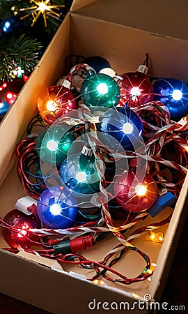 Photo Of Christmas Tangled Christmas Lights In A Bo. Generative AI Stock Photo