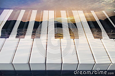 Art photo for classical music background double exposure of piano keys and sea landscape light Stock Photo