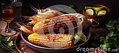 photo close-up corn with chili powder and salt. Grilled sweet corn, Summer vegan dinner or snack Stock Photo