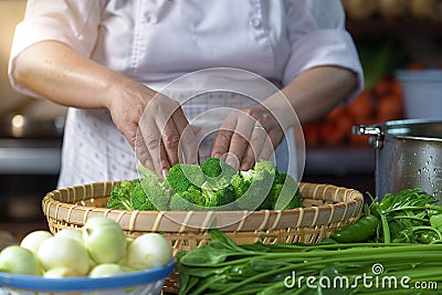 Photo Close up of womans hand placing organic vegetables into bamboo basket Stock Photo