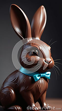 Photo Of A Closeup Of A Chocolate Easter Bunny With A Ribbon. Generative AI Stock Photo