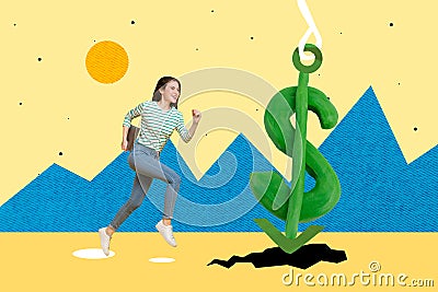 Photo collage advertisement of finance bank global system recession young woman run save economy anchor dollar bottom Stock Photo