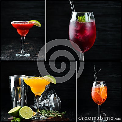 Photo collage Alcoholic colored cocktails and drink Stock Photo