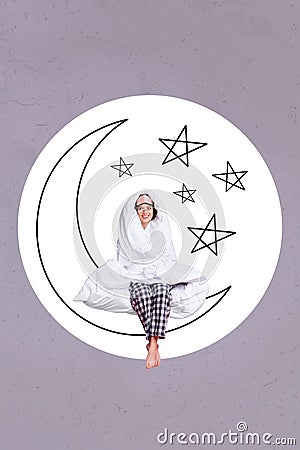 Photo collage artwork minimal picture of charming smiling lady rolling blanket sitting moon isolated drawing background Stock Photo