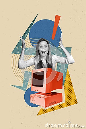 Photo collage artwork minimal picture of furious angry lady screaming old obsolete computer isolated creative background Stock Photo