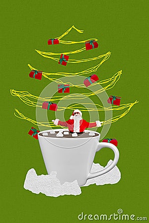 Photo collage artwork minimal picture of smiling santa claus swimming bathing inside x-mas beverage cup isolated drawing Stock Photo