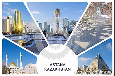 Photo collage from Astana, Kazakhstan. View of Palace of Peace and Accord, Baiterek Tower, Talan Tower, Nur-Astana Stock Photo