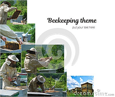 Photo collage on beekeeping theme. Apiary. The beekeeper works in the apiary near the hives with bees. Beekeeping Stock Photo