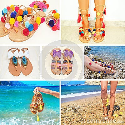 Photo collage of bohemian greek sandals Stock Photo