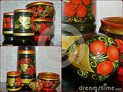 Photo collage Bright wooden kitchen utensils. Khokhloma is an ancient Russian folk craft of the XVII century. Stock Photo