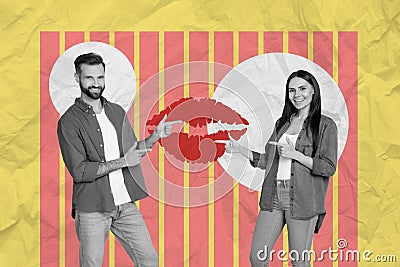 Photo collage cartoon comics sketch picture of pretty cute guy lady pointing fingers kiss pomade print isolated drawing Stock Photo