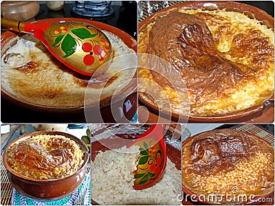 Photo collage ceramic pot with millet porridge from the oven. Porridge made of millet with brown foam from milk and butter. Stock Photo