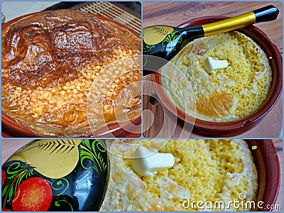 Photo collage ceramic pot with millet porridge from the oven. Porridge made of millet with brown foam from milk and butter. Stock Photo