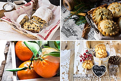 Photo collage, Christmas baking, german stollen, mince pies in wicker basket, coconut puffs, tangerines with green leaves Stock Photo