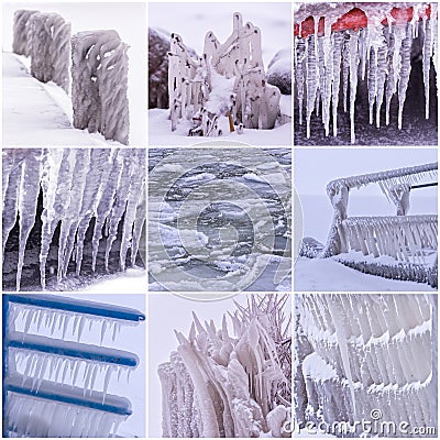 Photo collage of cold winter days with many icicle Stock Photo