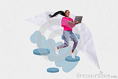 Photo collage composite picture of young workaholic woman jumper holding laptop financial strategy grow up isolated on Stock Photo